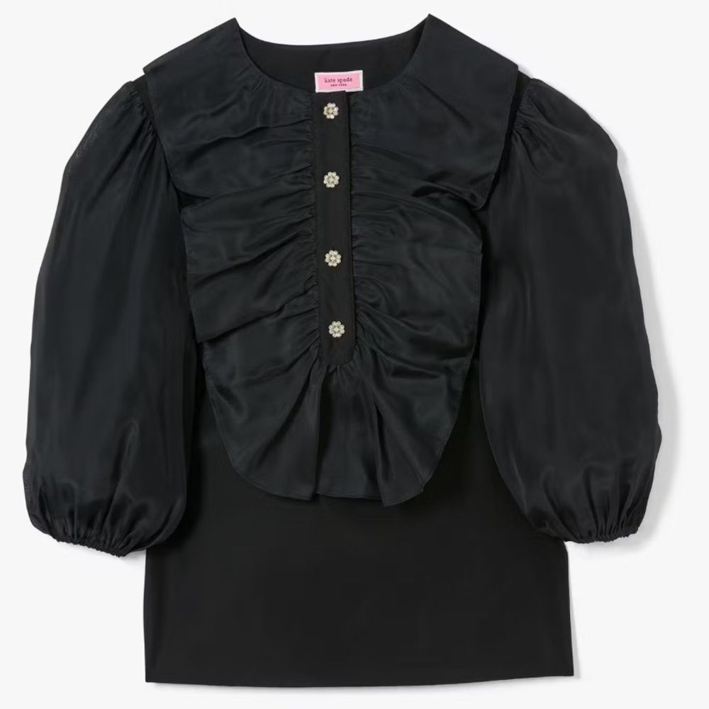 Kate Spade Ruffle Tuxedo Top Black Silk Blend Size L Euc